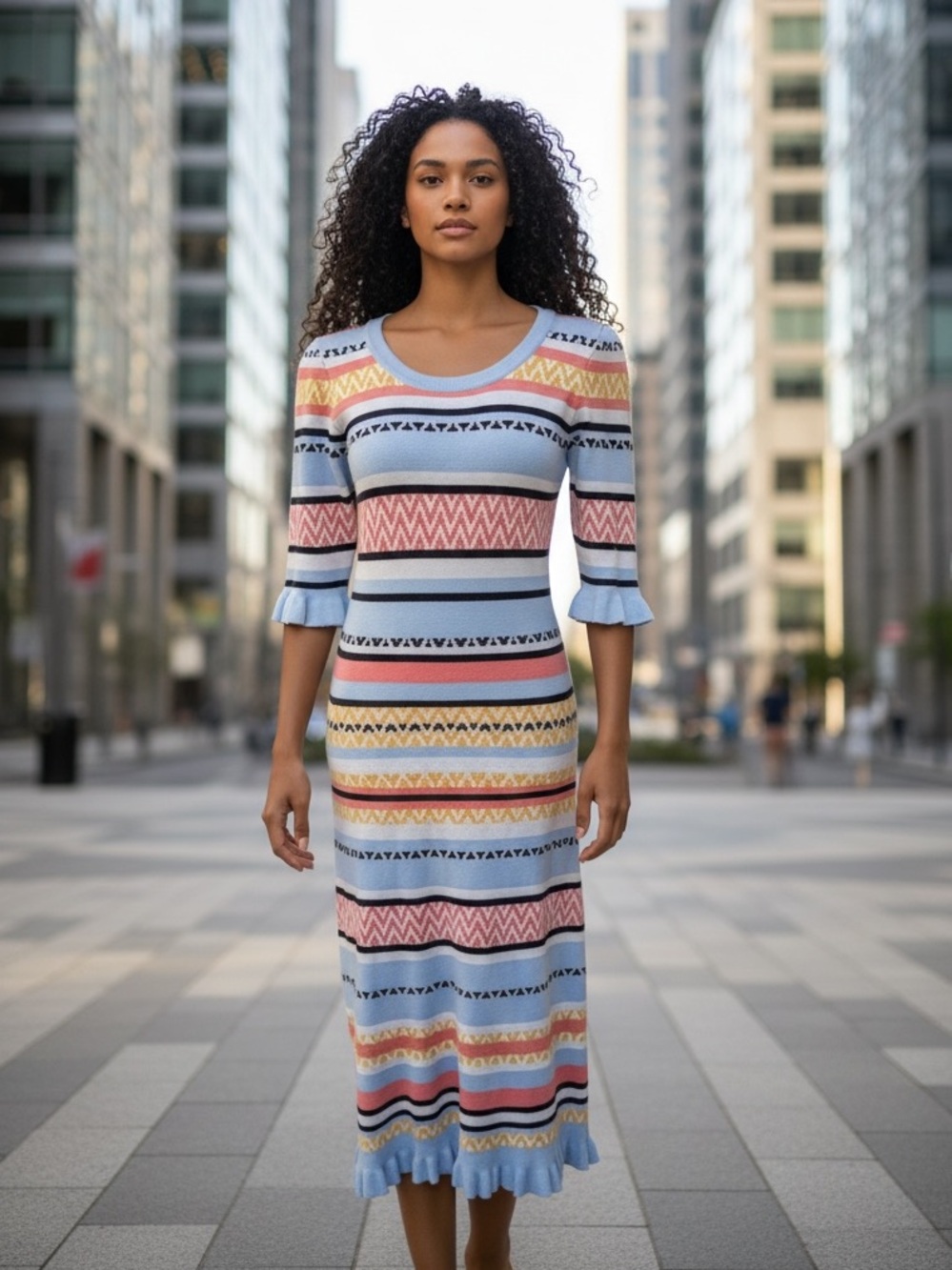 Betsey Johnson‎ Dress Size M L "Vibing" Striped Midi Bodycon Multicolor Knit EC